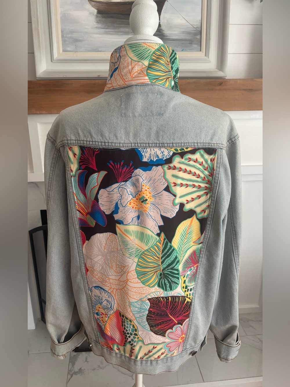 custom-upcycled light -wash oversized denim with floral inset on back Sz L